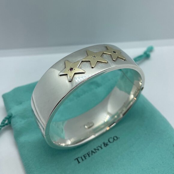 Vintage Tiffany & Co. Sterling 3 Star Dia. Ruby Sapphire Hinged Bangle Bracelet - Picture 1 of 15